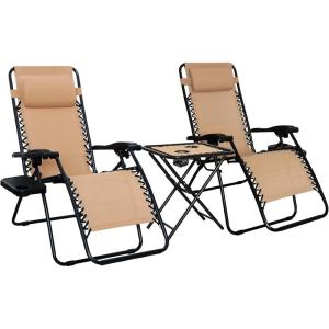 imageAmazon Basics Outdoor Patio Mesh Adjustable Zero Gravity Lounge Chair Recliners set of 2 with Side Table 35 x 26 x 43 inches BeigeBeige