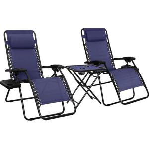 imageAmazon Basics Outdoor Patio Mesh Adjustable Zero Gravity Lounge Chair Recliners set of 2 with Side Table 35 x 26 x 43 inches BeigeBlue