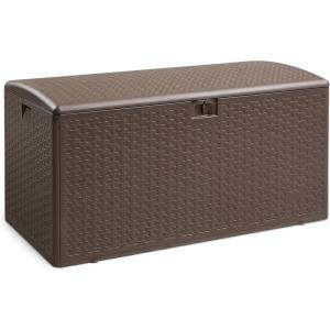 imageAmazon Basics Outdoor Patio Storage Box 150 Gallon Deck Box Waterproof and Weatherresistant Furniture Cushions Garden Tools Brown99 gallon