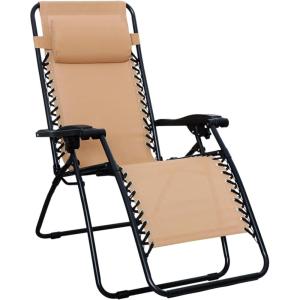 imageAmazon Basics Outdoor Patio Zero Gravity Lounge Chair with Pillow Folding Reclining and Textilene Adjustable Folding Lounge Lawn Chairs for Outside 26quot BeigeBeige
