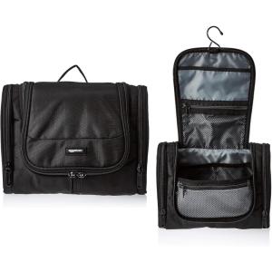 imageAmazon Basics Travel Toiletry Bag for Men and Women Hanging Toiletry Bag Dopp Kit with 2 Side Pockets Multiple Interior Pockets Durable 1680D Polyester Handles Bathroom SpillsSplashes Black