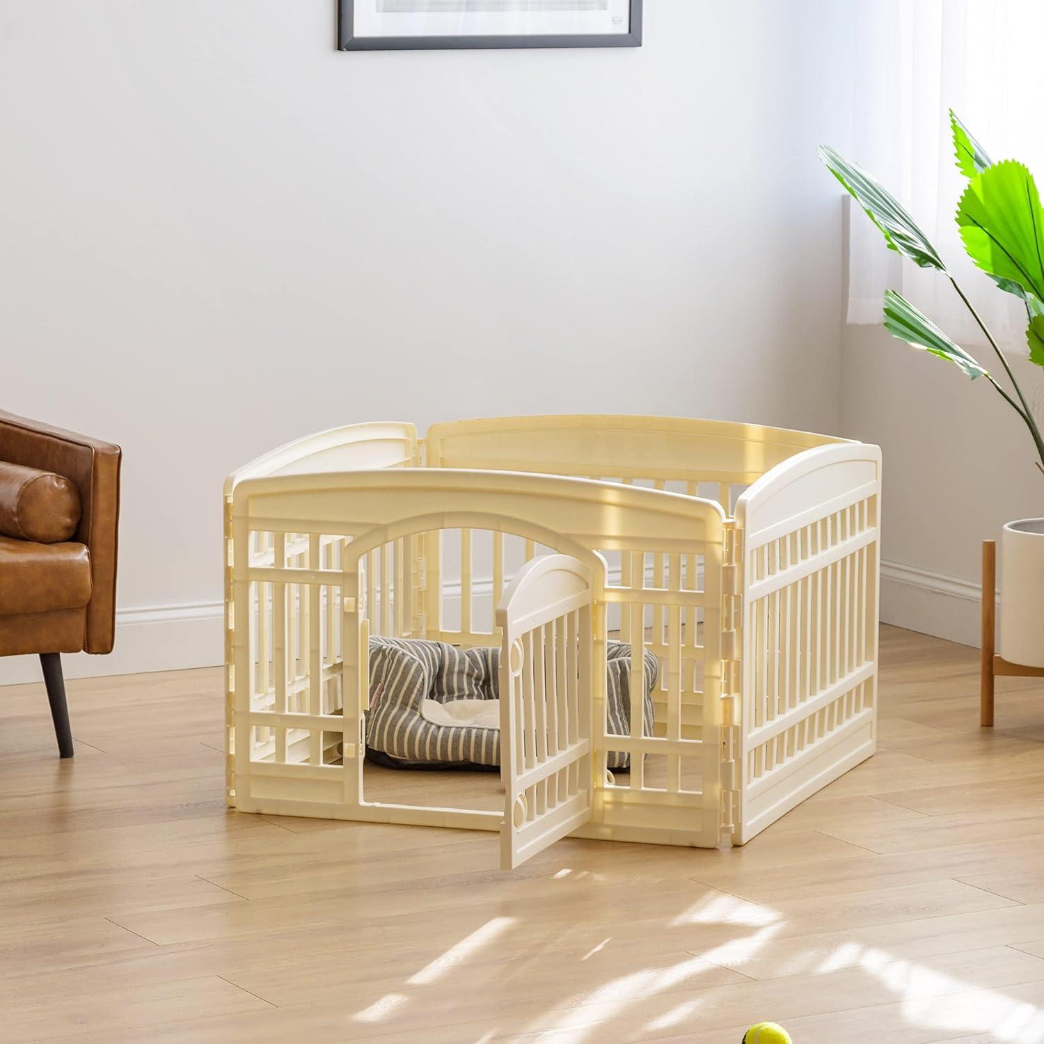imageAmazon Basics 8Panel Indoor Pet Dog Octagonal Playpen Puppy Playpen with Door Easy Assemble Easy Storing 34 in BeigeBeige