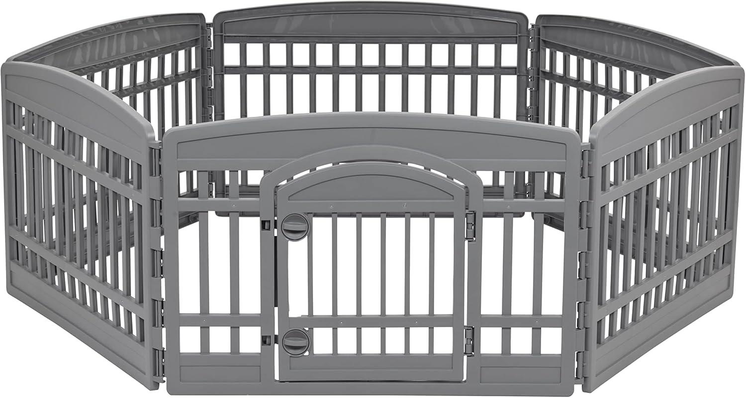 imageAmazon Basics 8Panel Indoor Pet Dog Octagonal Playpen Puppy Playpen with Door Easy Assemble Easy Storing 34 in BeigeDark Gray