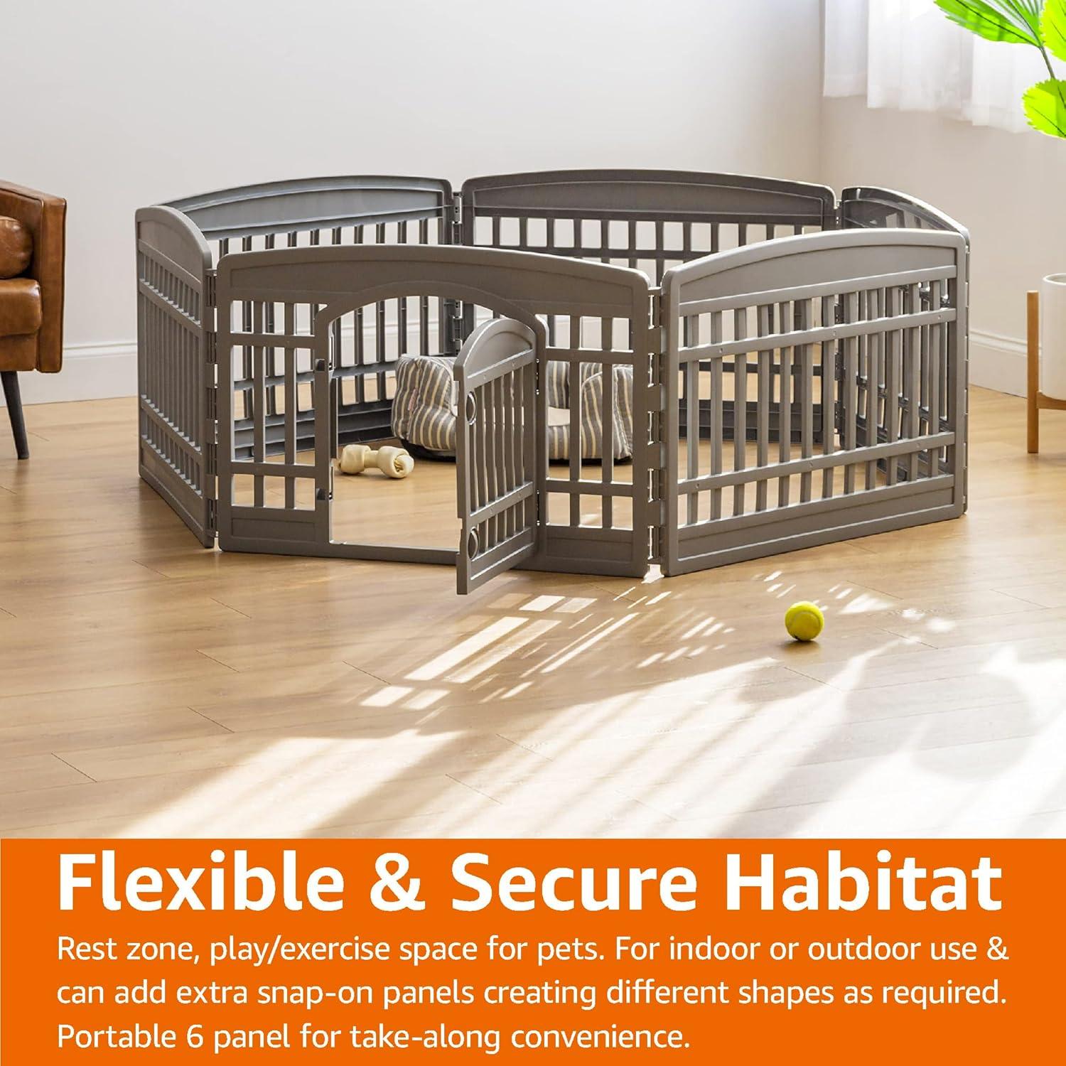 imageAmazon Basics 8Panel Indoor Pet Dog Octagonal Playpen Puppy Playpen with Door Easy Assemble Easy Storing 34 in BeigeDark Gray