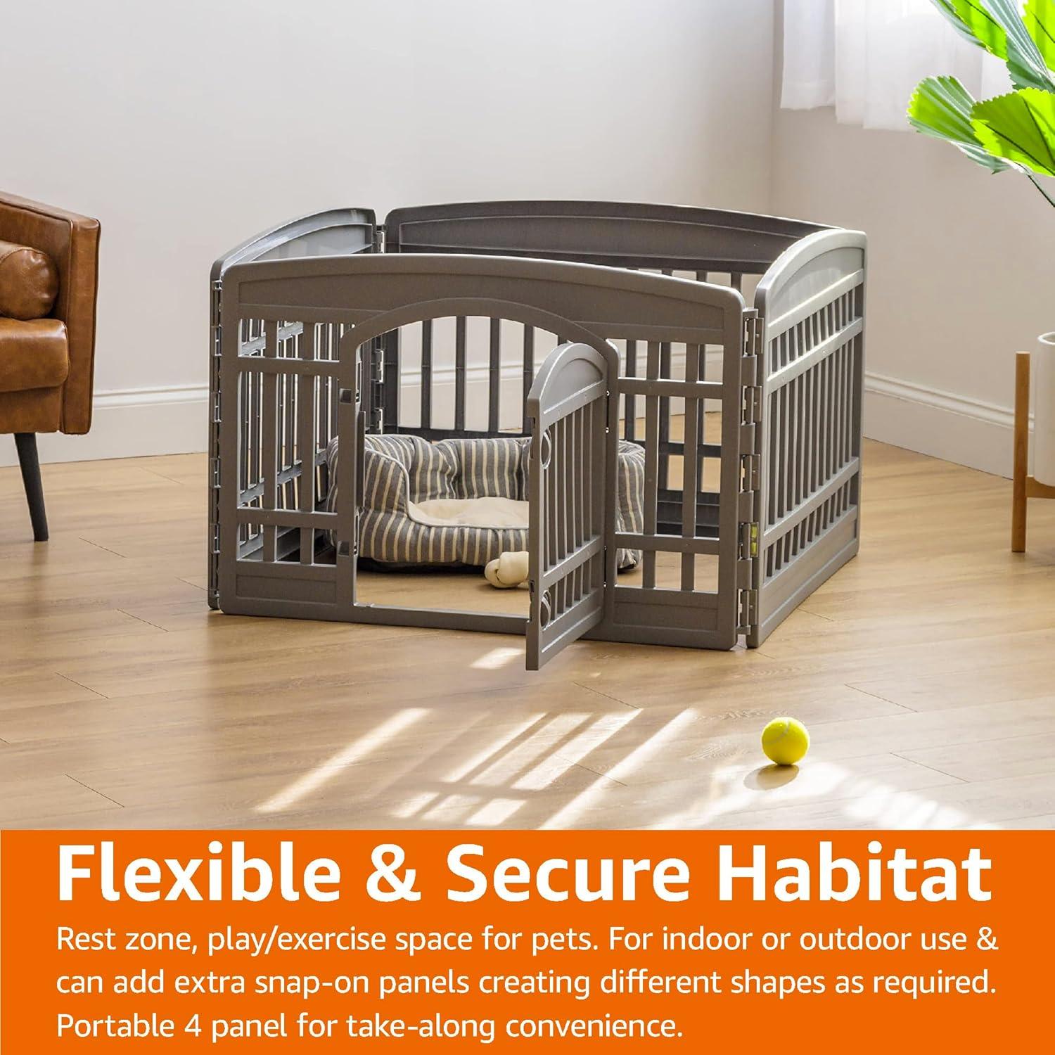 imageAmazon Basics 8Panel Indoor Pet Dog Octagonal Playpen Puppy Playpen with Door Easy Assemble Easy Storing 34 in BeigeDark Gray