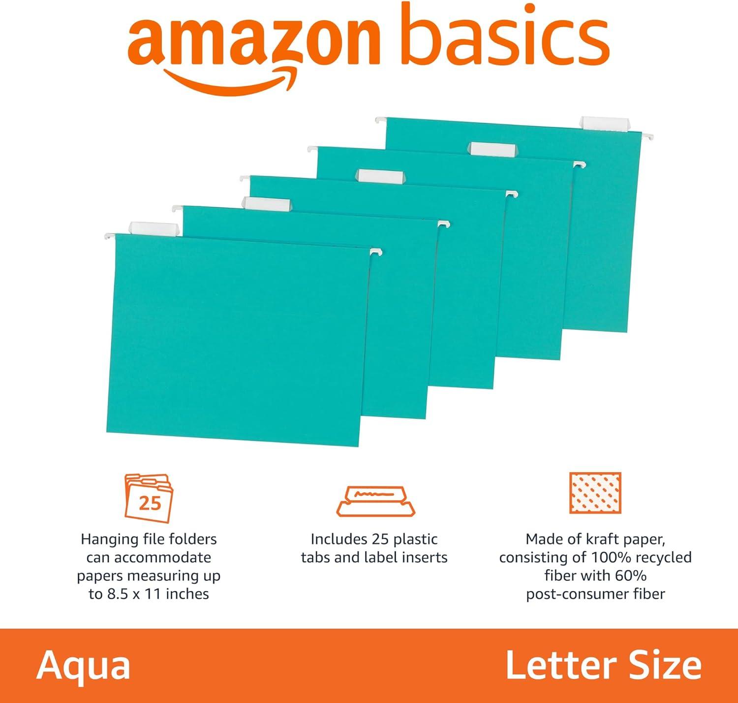 imageAmazon Basics Hanging File Folders Sturdy Letter Size 25Pack Assorted Jeweltone ColorsAqua
