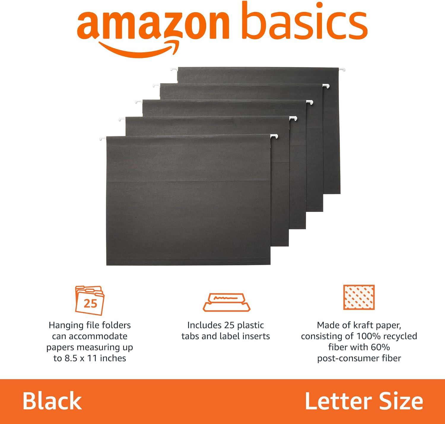 imageAmazon Basics Hanging File Folders Sturdy Letter Size 25Pack Assorted Jeweltone ColorsBlack