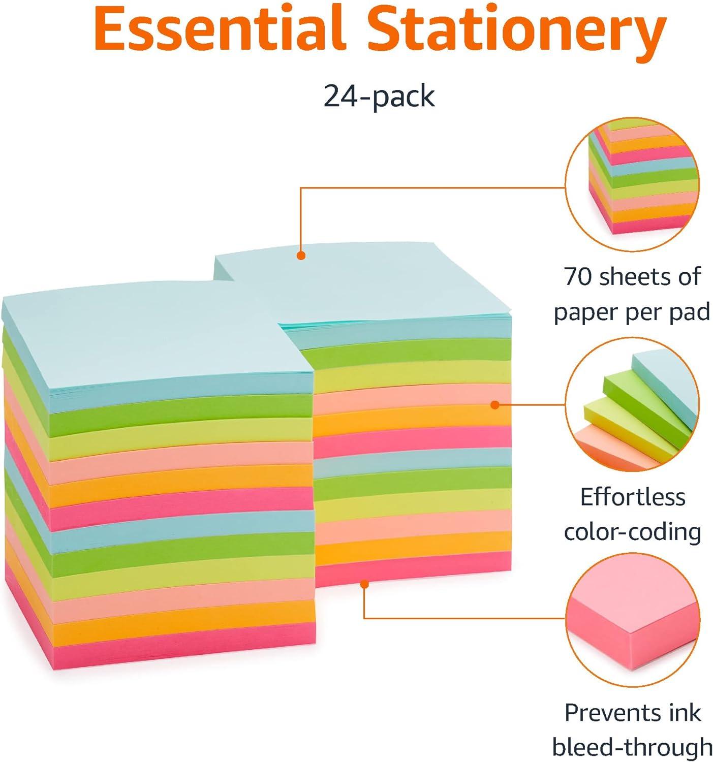 imageAmazon Basics Square Sticky Notes Office Supplies for Desk 3x3inch 24Pack Assorted Colors3 x 3