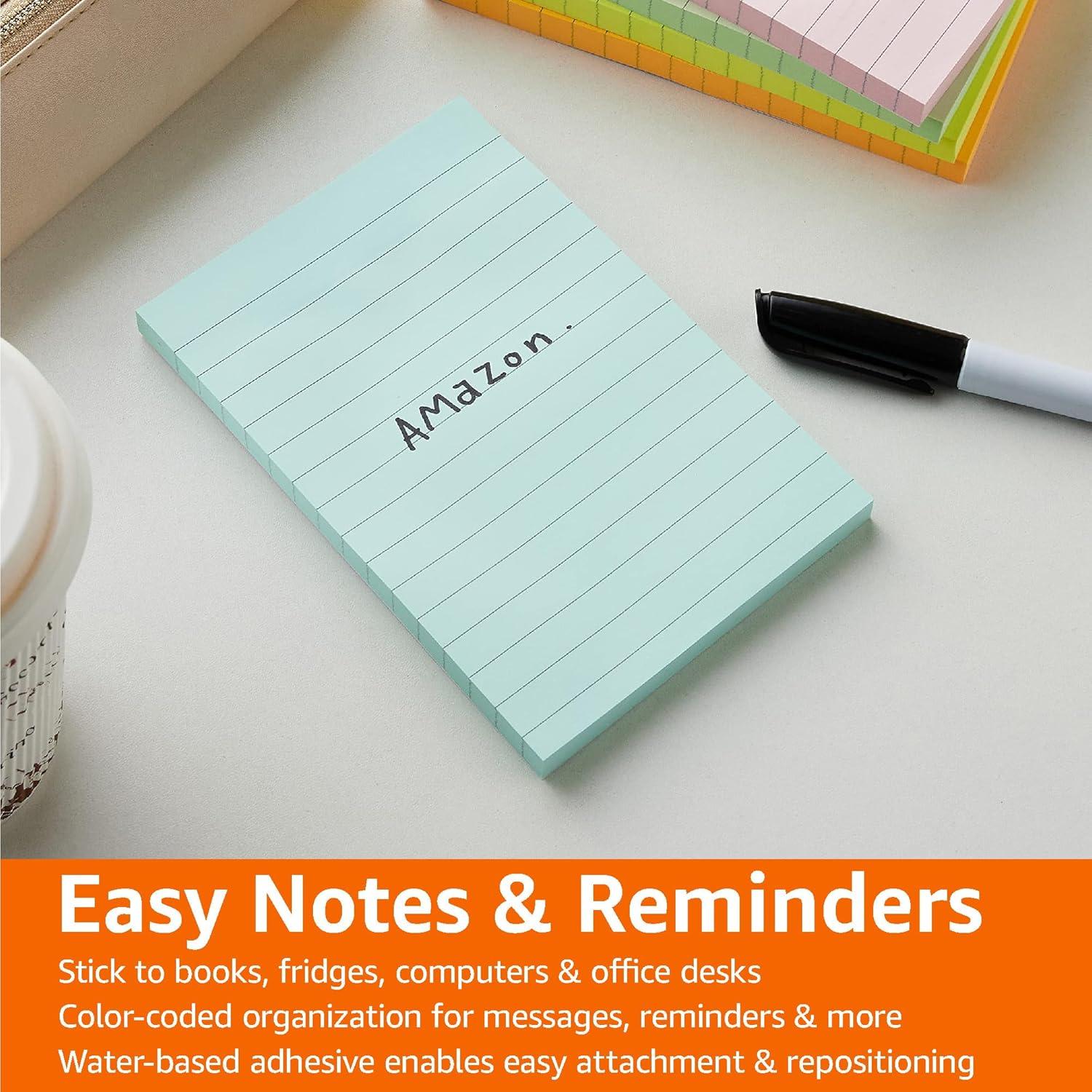 imageAmazon Basics Sticky Notes 4x6 Inches Assorted Colors SelfStick Pads Easy to Post for Home Office Notebook 100 sheetsPad Pack of 5