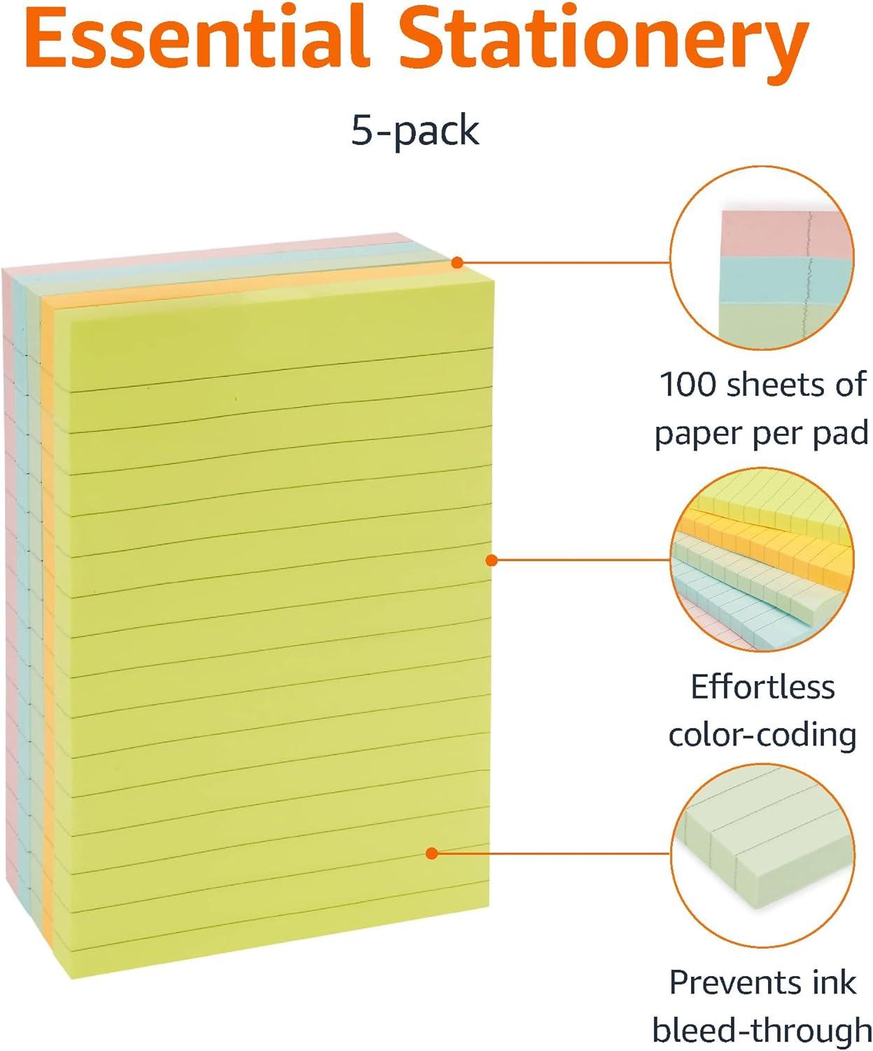 imageAmazon Basics Sticky Notes 4x6 Inches Assorted Colors SelfStick Pads Easy to Post for Home Office Notebook 100 sheetsPad Pack of 5