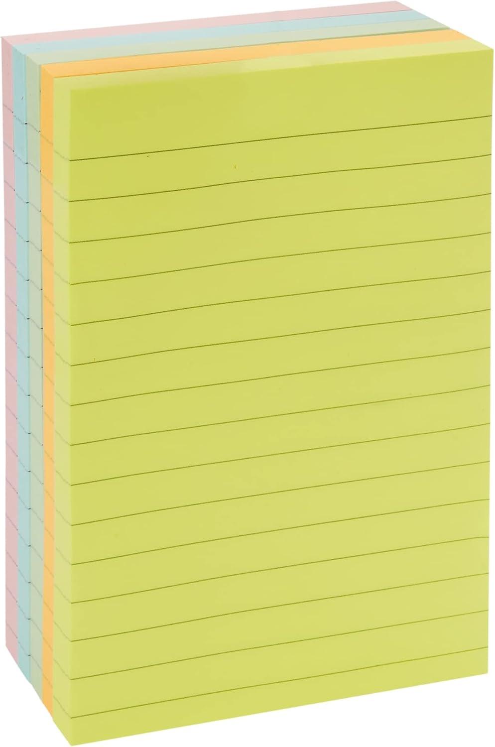 imageAmazon Basics Sticky Notes 4x6 Inches Assorted Colors SelfStick Pads Easy to Post for Home Office Notebook 100 sheetsPad Pack of 5