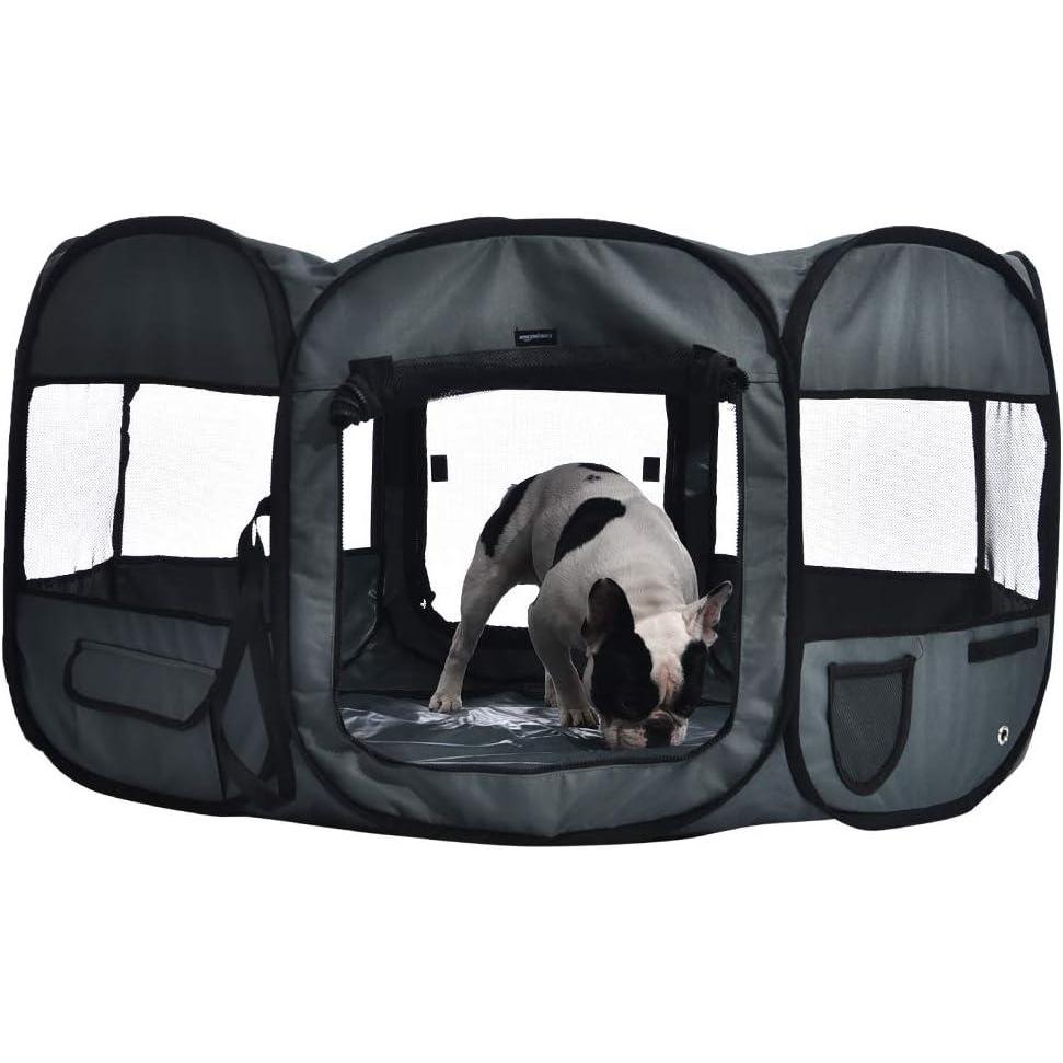 imageAmazon Basics Foldable Octagonal Indoor and Outdoor Portable Soft Dog PenPuppy PenPlaypen 114 cm  45quot BlueGrey