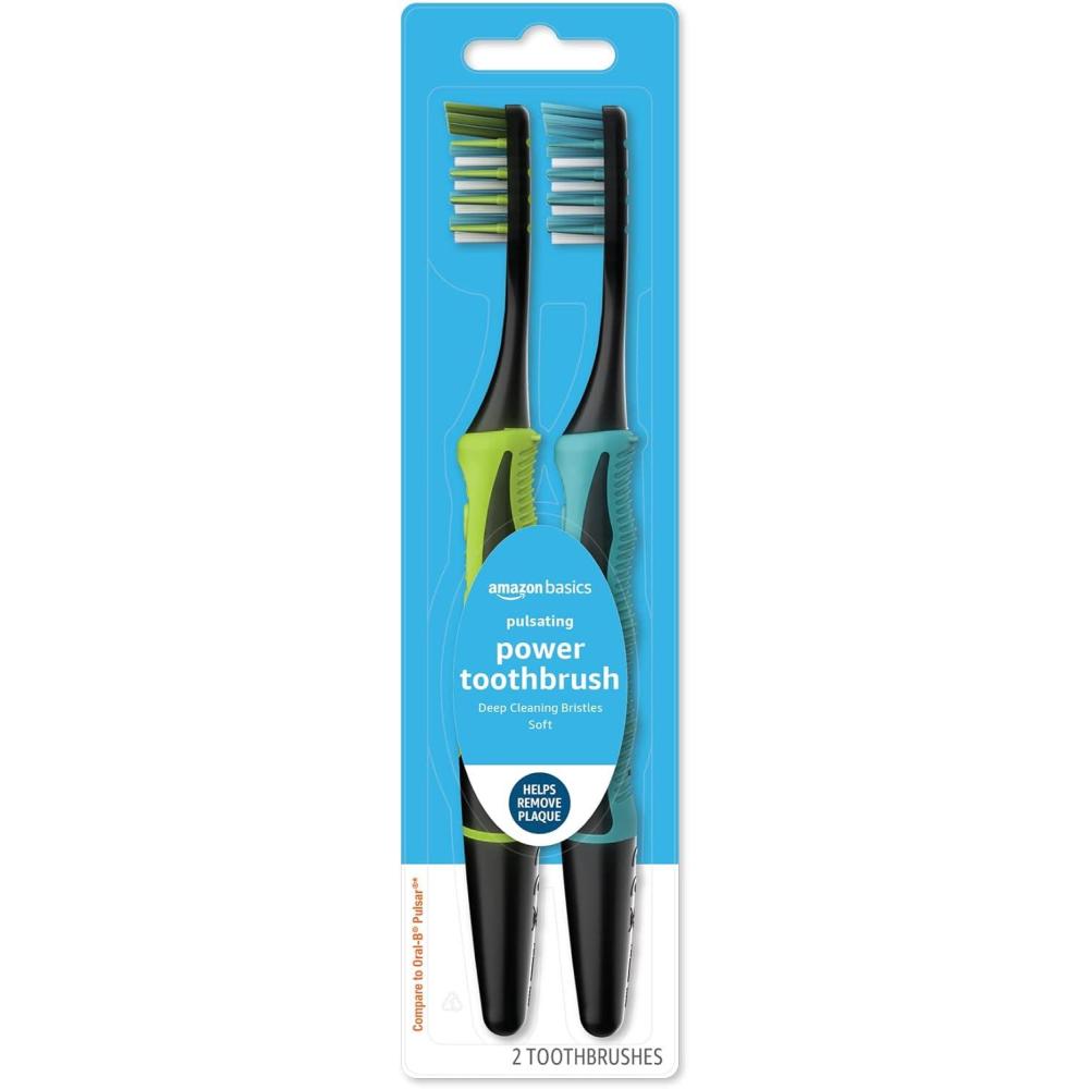 imageAmazon Basics Soft Toothbrushes for Adults  Pulsating Deep Cleaning with Soft Bristles 2 Count Assorted Colors2 Count Pack of 1