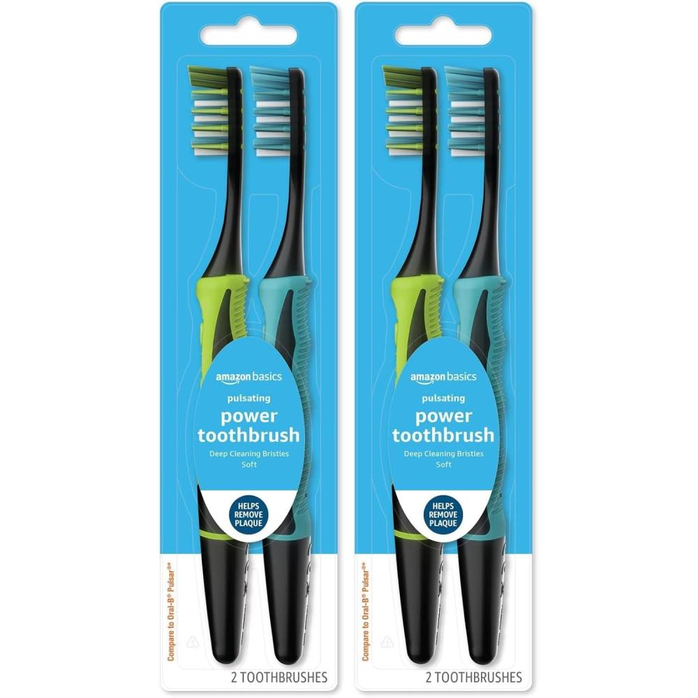 imageAmazon Basics Soft Toothbrushes for Adults  Pulsating Deep Cleaning with Soft Bristles 2 Count Assorted Colors2 Count Pack of 2