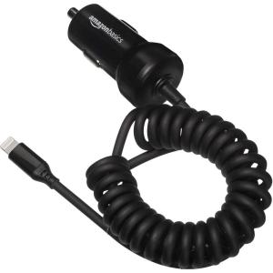 imageAmazon Basics 12W 5V 24A Fast Charging Car Charger with Coiled Lightning Cable for iPhone iPad and Apple Devices 15 ft  BlackBlack