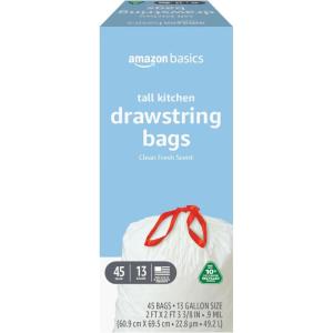 imageAmazon Basics 13 Gallon Tall Kitchen Drawstring Trash Bags Clean Fresh Scent 10 Post Consumer Recycled 45 CountWhite