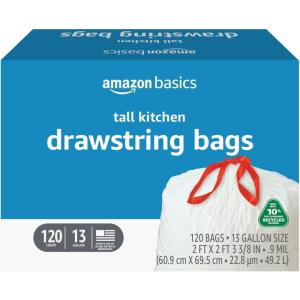 imageAmazon Basics 13 Gallon Tall Kitchen Drawstring Trash Bags Unscented 10 Post Consumer Recycled 120 Count1 Count Pack of 120