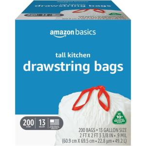 imageAmazon Basics 13 Gallon Tall Kitchen Drawstring Trash Bags Unscented 10 Post Consumer Recycled 120 Count1 Count Pack of 200