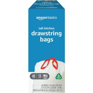 imageAmazon Basics 13 Gallon Tall Kitchen Drawstring Trash Bags Unscented 10 Post Consumer Recycled 120 Count1 Count Pack of 45