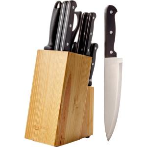 imageAmazon Basics 14Piece High Carbon Stainless Steel Kitchen Knife Set with Sharpener and Pinewood Block Black