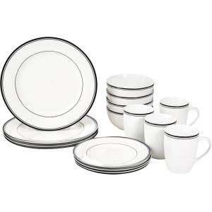 imageAmazon Basics 16Piece Cafe Stripe Kitchen Dinnerware Set Plates Bowls Mugs Service for 4 BlackBlack