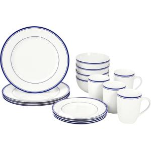 imageAmazon Basics 16Piece Cafe Stripe Kitchen Dinnerware Set Plates Bowls Mugs Service for 4 BlackBlue