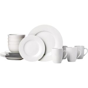 imageAmazon Basics 16Piece Porcelain Kitchen Dinnerware Set with Plates Bowls and Mugs Service for 4  White