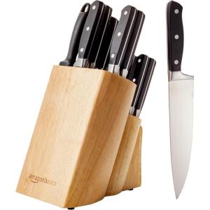 imageAmazon Basics 18 Pieces Premium HighCarbon Stainless Steel Blades with Pine Wood Knife Block SetKitchen Black18Piece