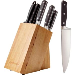 imageAmazon Basics 18 Pieces Premium HighCarbon Stainless Steel Blades with Pine Wood Knife Block SetKitchen Black9Piece