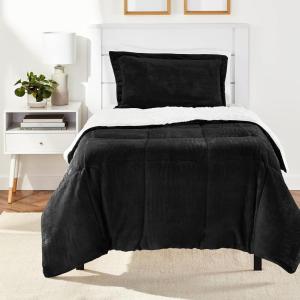 imageAmazon Basics 3 Piece Bedding Set Micromink Sherpa UltraSoft Warm All Season Comforter King Charcoal SolidBlack