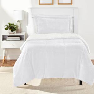 imageAmazon Basics 3 Piece Bedding Set Micromink Sherpa UltraSoft Warm All Season Comforter King Charcoal SolidCream
