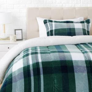 imageAmazon Basics 3 Piece Bedding Set Micromink Sherpa UltraSoft Warm All Season Comforter King Charcoal SolidGreen Plaid