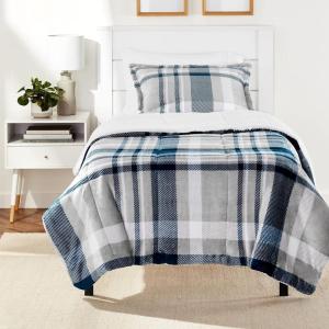 imageAmazon Basics 3 Piece Bedding Set Micromink Sherpa UltraSoft Warm All Season Comforter King Charcoal SolidNavy Plaid