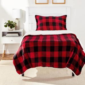imageAmazon Basics 3 Piece Bedding Set Micromink Sherpa UltraSoft Warm All Season Comforter King Charcoal SolidRed Buffalo Plaid