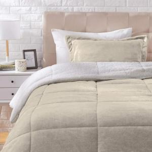 imageAmazon Basics 3 Piece Bedding Set Micromink Sherpa UltraSoft Warm All Season Comforter King Charcoal SolidTaupe