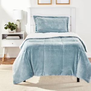 imageAmazon Basics 3 Piece Bedding Set Micromink Sherpa UltraSoft Warm All Season Comforter King Charcoal SolidTide Pool Blue