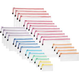 imageAmazon Basics 30Pack Mesh Zipper Pouch Bags 8 Sizes Waterproof Storage Organizers with Zipper Multipurpose Clear Travel Document Bags for Office Home School Organization 8 Assorted Colors