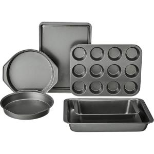 imageAmazon Basics 6 Piece Nonstick Carbon Steel Oven Safe Bakeware Set with Cake Muffin Cookie and Loaf Pans 6 Piece 1625 x 1175 x 625 inches1625 x 1175 x 625 inches