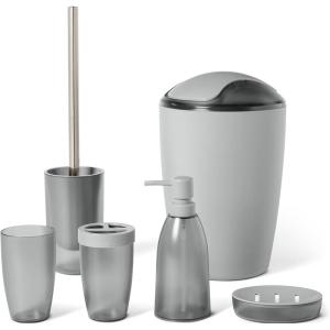imageAmazon Basics 6 Pieces Bath Coordinate Set with Toothbrush Holder Soap Dispenser and Soap Dish Toothbrush Cup Trash Can and Toilet Brush ampamp Holder IvoryGrey