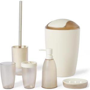 imageAmazon Basics 6 Pieces Bath Coordinate Set with Toothbrush Holder Soap Dispenser and Soap Dish Toothbrush Cup Trash Can and Toilet Brush ampamp Holder IvoryIvory