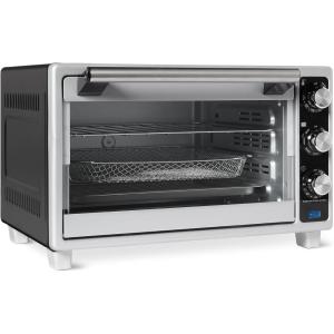imageAmazon Basics 6Slice 23QT Toaster Oven with BuiltIn Air Fryer 7In1 Cooking Options 60Min Timer ampamp Adjustable Temperature 200  450 With Accessories 1500W Stainless Steel SilverGray