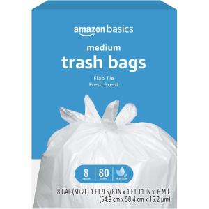 imageAmazon Basics 8 Gallon Flap Tie Trash Bags 80 Count Fresh Scent80 Count Pack of 1
