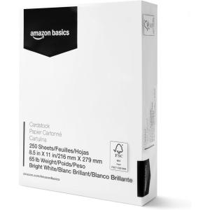 imageAmazon Basics Cardstock Paper 85quot x 11quot 65 lb176 gsm 96 Bright White 250 Sheets