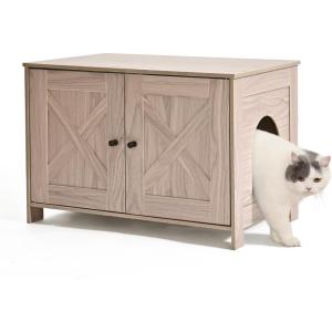 imageAmazon Basics Cat Litter Box Enclosure Furniture Wooden Pet House and Hidden Litter Box for Indoor Cats 276quot  197quot 197quot Beige