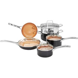 imageAmazon Basics Ceramic Nonstick Pots and Pans Cookware Set Dishwasher ampamp Oven Safe Even Heating 10Piece Set Copper ColorBrown