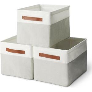imageAmazon Basics Collapsible Storage Bins with Leather Handles Charcoal Large Pack of 3Linen