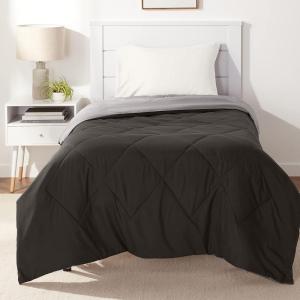 imageAmazon Basics Comforter Blanket TwinTwin XL Reversible Lightweight Microfiber All Season Blanket BlackGreyBlack  Grey