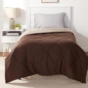 imageAmazon Basics Comforter Blanket TwinTwin XL Reversible Lightweight Microfiber All Season Blanket BlackGreyChocolate  Khaki
