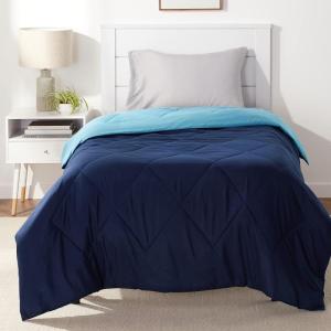 imageAmazon Basics Comforter Blanket TwinTwin XL Reversible Lightweight Microfiber All Season Blanket BlackGreyNavy  Sky Blue