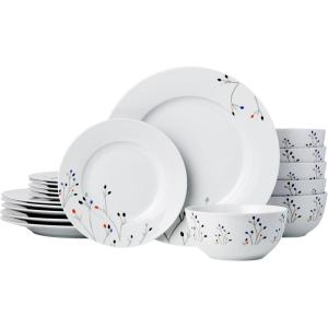imageAmazon Basics Dinnerware Set Microwave and Dishwasher Safe Service for 6 18Piece Complete Kitchen Plates Dishes Bowls White Porcelain CoupeBranches